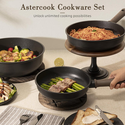 Astercook 19 Pcs Pots and Pans Set Non Stick, Black Titanium Induction Kitchen Cookware Sets, Non toxic Healthy Kitchen Cooking Set with Frying Pans Set, PTFE PFOA PFOS Free, Fathers Day Gift for Men