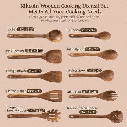 Kikcoin 10 PCS Durable Natural Teak Wooden Cooking Utensil Set, Non Toxic Wooden Spoons for Cooking, Wooden Utensil Set for Cooking with Comfort Grip, Nonstick & Easy to Clean Wood Kitchen Utensil Set