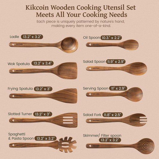 Kikcoin 10 PCS Durable Natural Teak Wooden Cooking Utensil Set, Non Toxic Wooden Spoons for Cooking, Wooden Utensil Set for Cooking with Comfort Grip, Nonstick & Easy to Clean Wood Kitchen Utensil Set