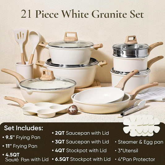CAROTE 21pcs Pots and Pans Set, Nonstick Cookware Sets, with Egg Pan