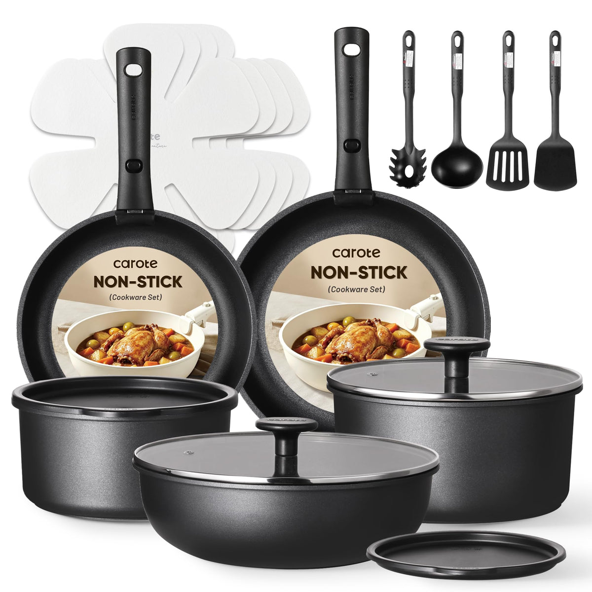 CAROTE 19pcs Pots and Pans Set Non Stick, Detachable Handle Cookware