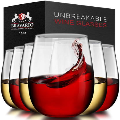 Bravario Unbreakable Stemless Plastic Wine Glasses | Reusable | Shatterproof 100% Tritan Plastic | Dishwasher-Safe | BPA-free | Awesome for Indoor & Outdoor | 16 oz, Set of 4