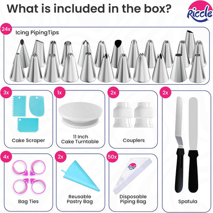Riccle 88 pc Cake Decorating Kit & Cake Turntable -Piping Bags and Tips Set