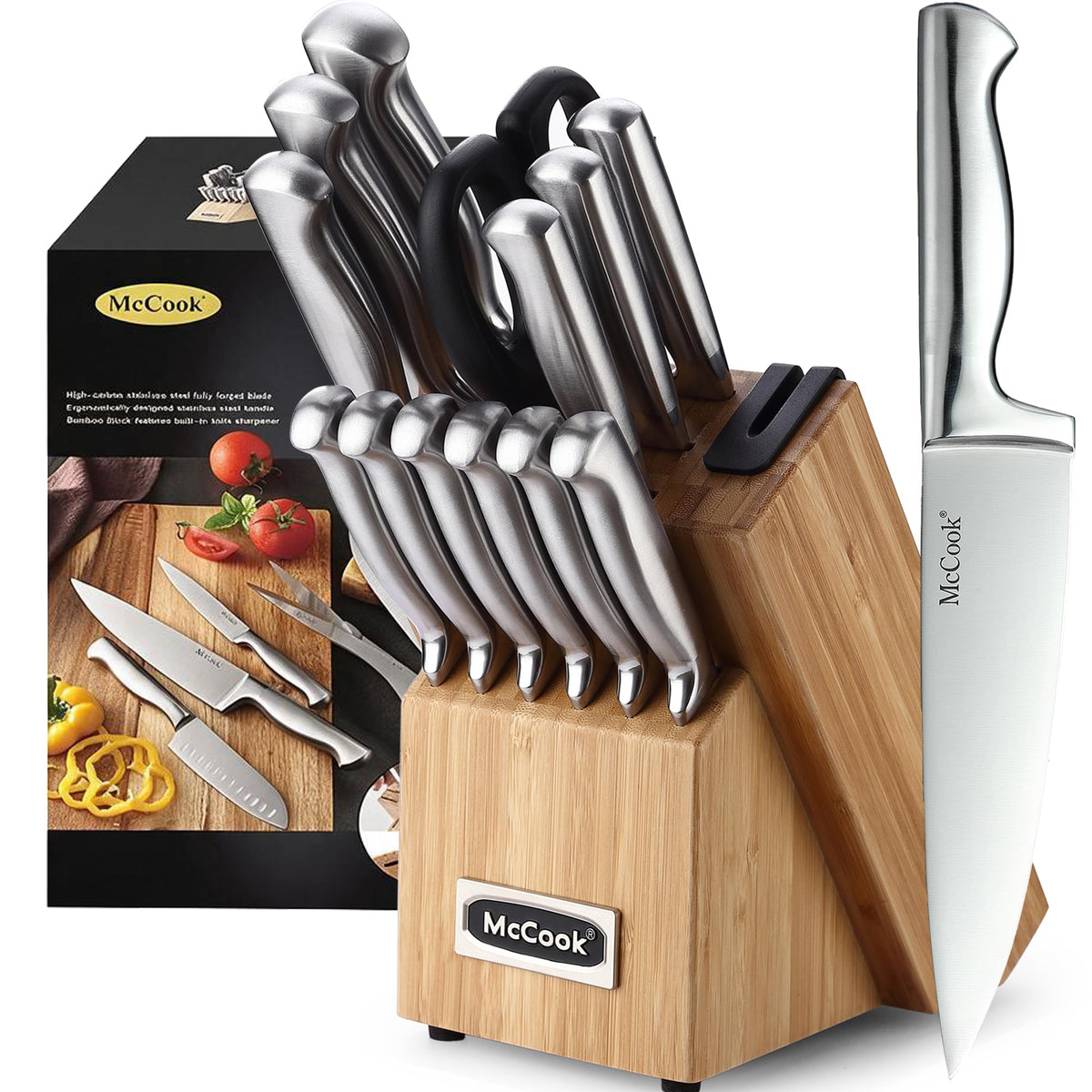 McCook Kitchen Knife Set 15PC Knife Block Set w Built-in Sharpener