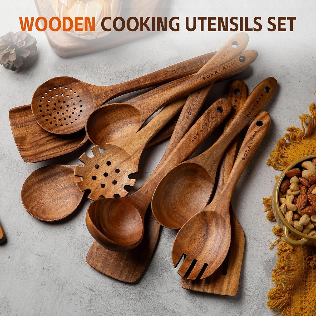 Wooden Spoons for Cooking,10 Pcs Natural Teak Wooden Kitchen Utensils Set Wooden Utensils for Cooking Wooden Cooking Utensils Wooden Spatulas for Cooking (10)
