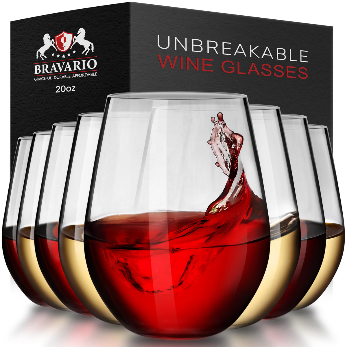 Bravario Unbreakable Stemless Plastic Wine Glasses | Reusable | Shatterproof 100% Tritan Plastic | Dishwasher-Safe | BPA-free | Awesome for Indoor & Outdoor | 16 oz, Set of 4