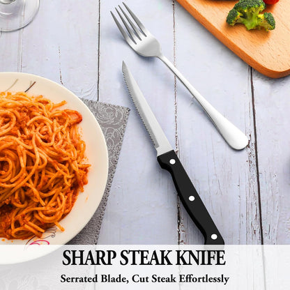 24 Pcs Silverware Set with Steak Knives for 4, Stainless Steel Flatware Set, Mirror Polished Cutlery Utensil Sets, Home Kitchen Eating Tableware, Dishwasher Safe