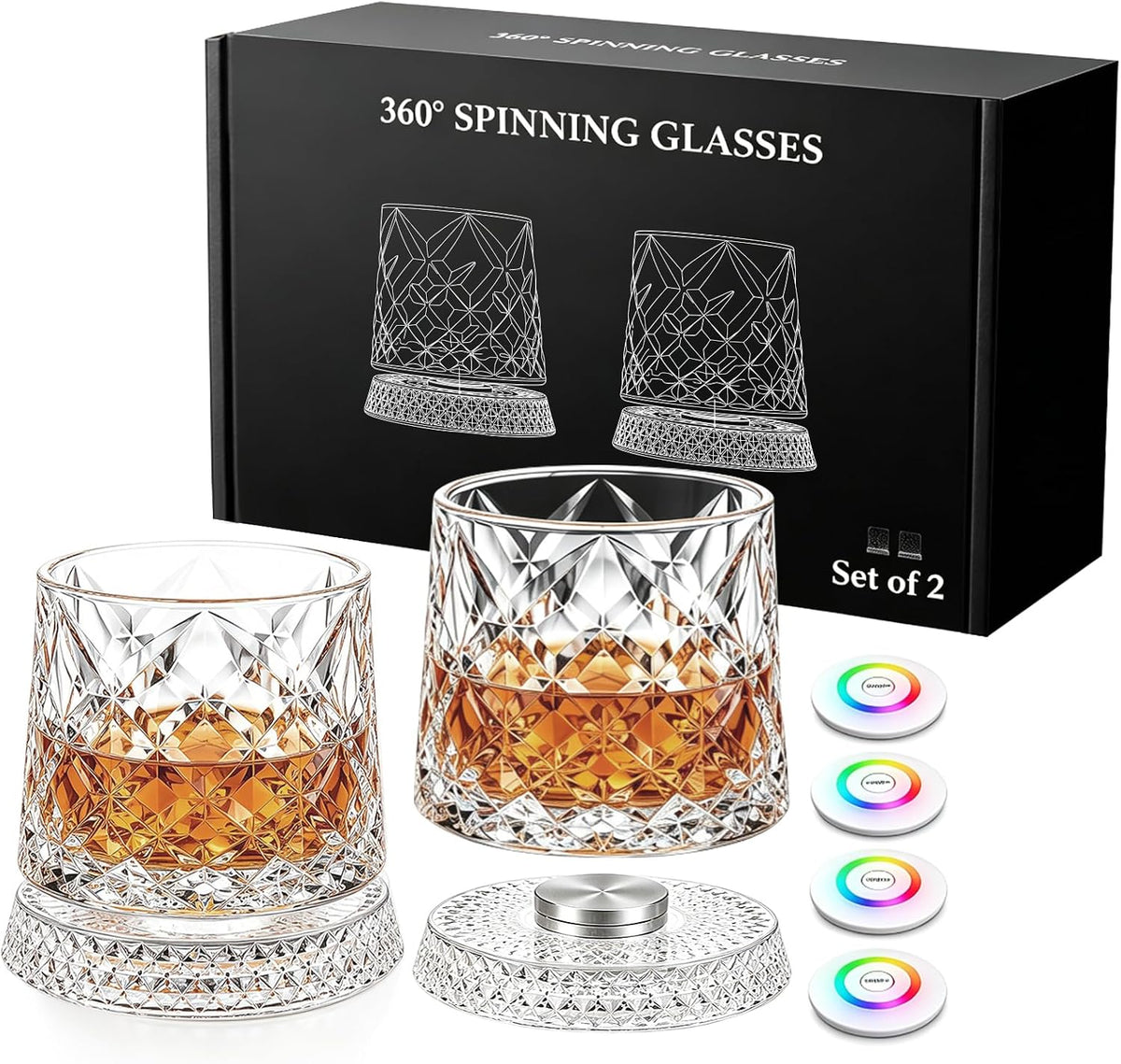 Whiskey Glasses with Spinning Base - Gift for Whiskey Lovers
