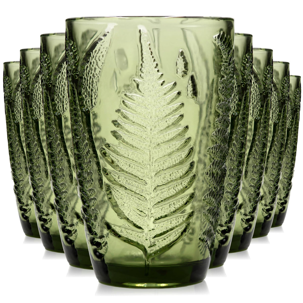Green Drinking Glasses Set of 4, 12 oz Glass Cups, Vintage Fern Glassware