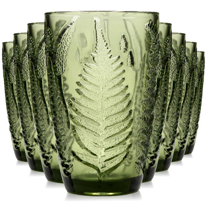 Green Drinking Glasses Set of 4, 12 oz Glass Cups, Vintage Fern Glassware