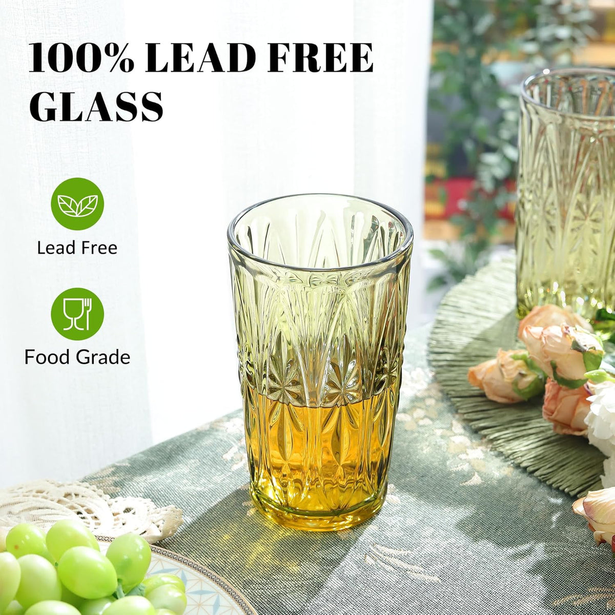 Joeyan Green Vintage Drinking Glasses,Embossed Highball Water Glass Tumbler