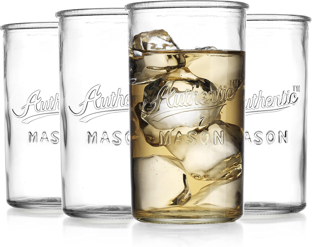 Glaver's Drinking Glasses – Set of 4 Authentic Mason Vintage Glassware – Clear Glass Tumblers for Cocktails, Water, Juice – Embossed Vintage Drinking Glasses