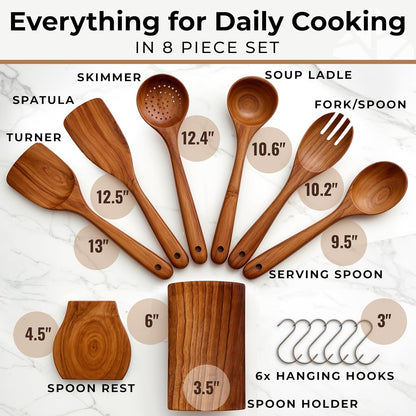 Wooden Utensil Set, 8 Pcs Teak Wooden Spoons for Cooking with Holder
