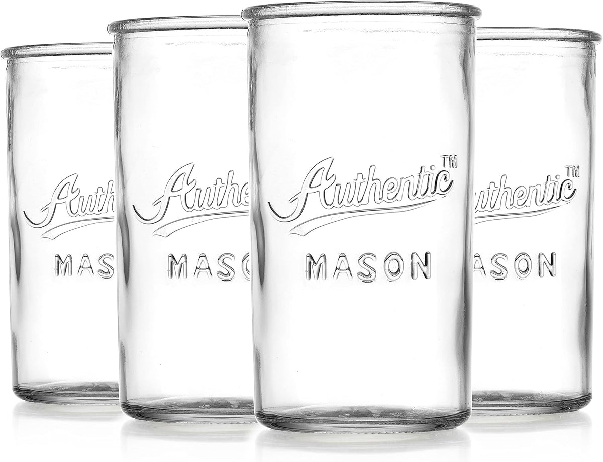 Glaver's Drinking Glasses – Set of 4 Authentic Mason Vintage Glassware – Clear Glass Tumblers for Cocktails, Water, Juice – Embossed Vintage Drinking Glasses