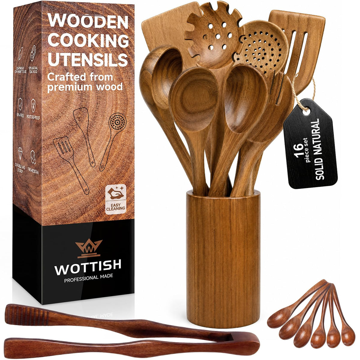 Wooden Spoons for Cooking - 8-Piece Wooden Kitchen Utensil Set made of Natural Solid Wood Material-Includes Spoons,Spatulas,Ladles,Mixing Spoon and Utensil Holder,Holiday Gifts(A08)