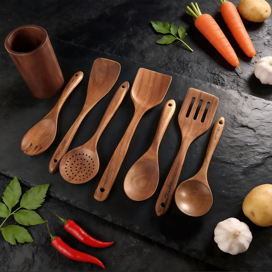Wooden Spoons for Cooking - 8-Piece Wooden Kitchen Utensil Set made of Natural Solid Wood Material-Includes Spoons,Spatulas,Ladles,Mixing Spoon and Utensil Holder,Holiday Gifts(A08)