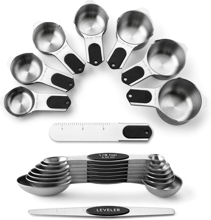 Spring Chef Magnetic Measuring Cups & Spoons Set of 15 with Levelers, Black