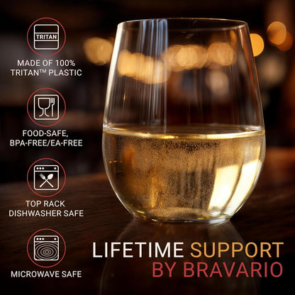 Bravario Unbreakable Stemless Plastic Wine Glasses | Reusable | Shatterproof 100% Tritan Plastic | Dishwasher-Safe | BPA-free | Awesome for Indoor & Outdoor | 16 oz, Set of 4