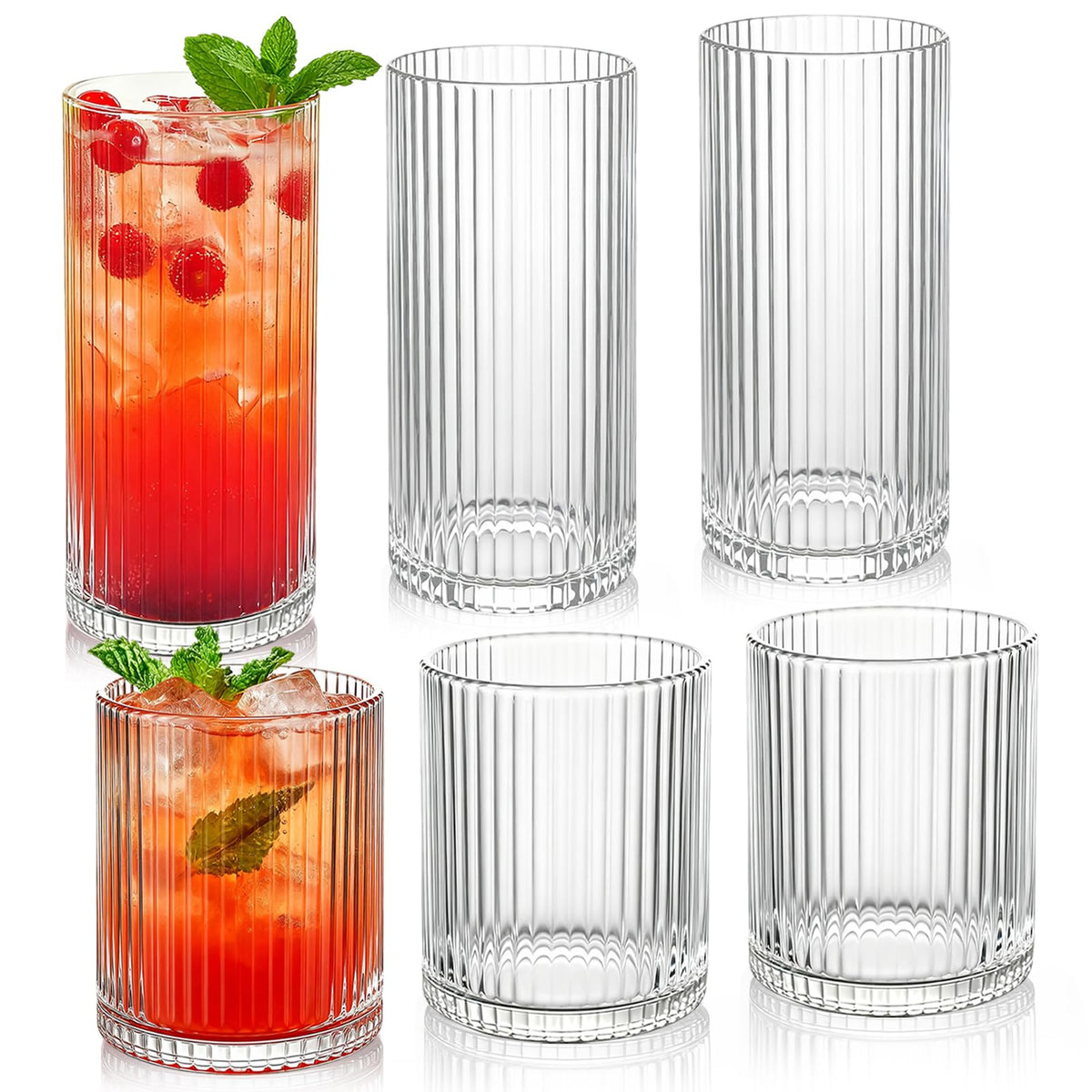 Ribbed Drinking Glasses 8pcs, 12oz and 10oz Glassware, Tumbler Glasses Cup Set for Wedding, Party, Christmas Gift, Clear