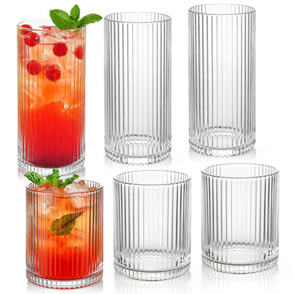 Ribbed Drinking Glasses 8pcs, 12oz and 10oz Glassware, Tumbler Glasses Cup Set for Wedding, Party, Christmas Gift, Clear