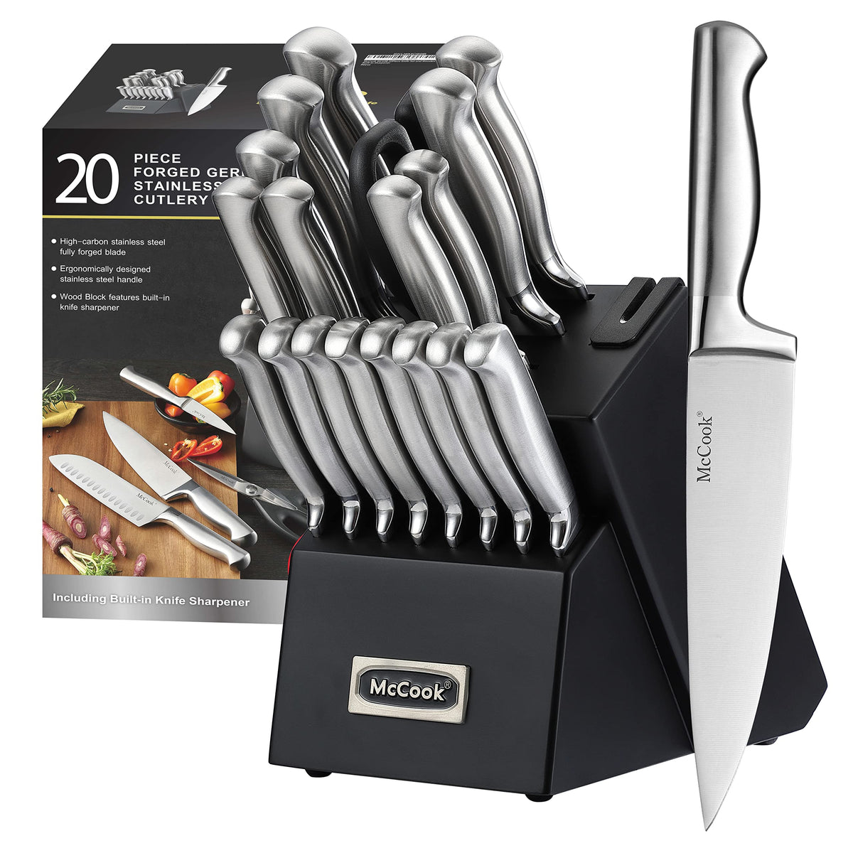 McCook Kitchen Knife Set 15PC Knife Block Set w Built-in Sharpener