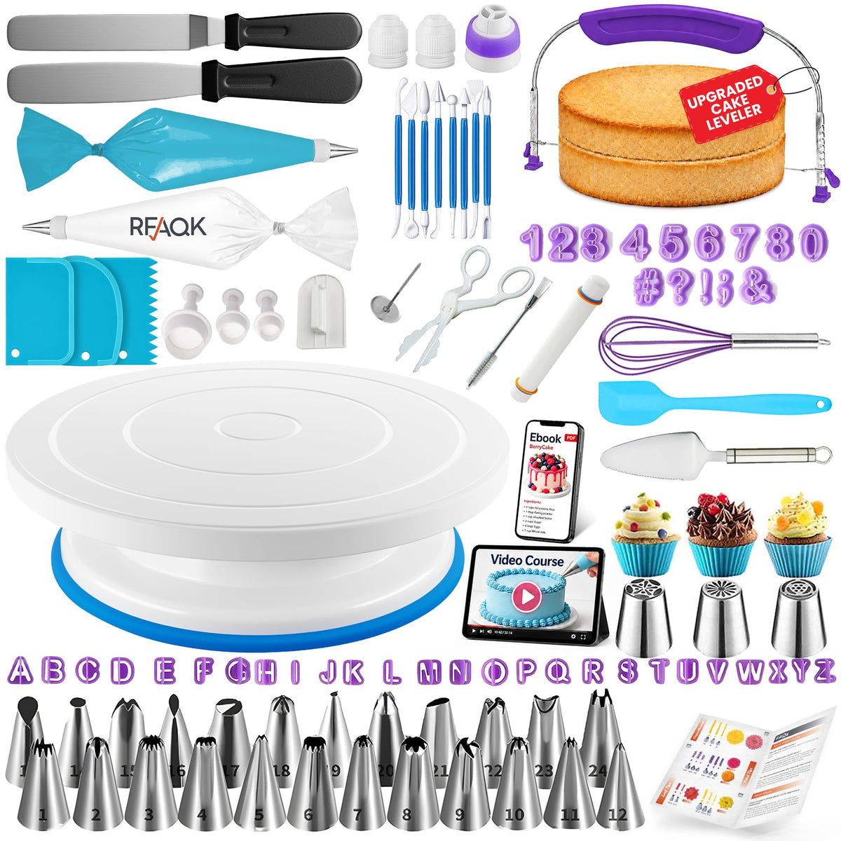 RFAQK 90PCs Cake Decorating Kit with Video Course for Beginner by Pro Baker