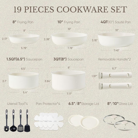 CAROTE 19pcs Pots and Pans Set Non Stick, Detachable Handle Cookware
