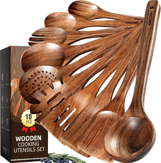 Kikcoin 10 PCS Durable Natural Teak Wooden Cooking Utensil Set, Non Toxic Wooden Spoons for Cooking, Wooden Utensil Set for Cooking with Comfort Grip, Nonstick & Easy to Clean Wood Kitchen Utensil Set