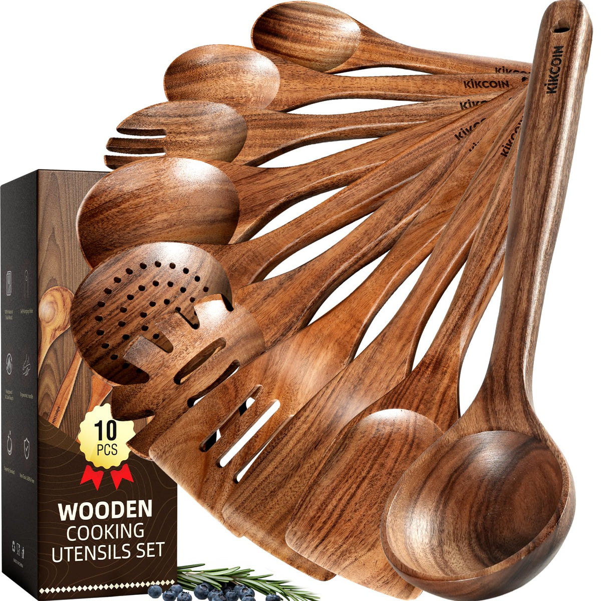 Kikcoin 10 PCS Durable Natural Teak Wooden Cooking Utensil Set, Non Toxic Wooden Spoons for Cooking, Wooden Utensil Set for Cooking with Comfort Grip, Nonstick & Easy to Clean Wood Kitchen Utensil Set