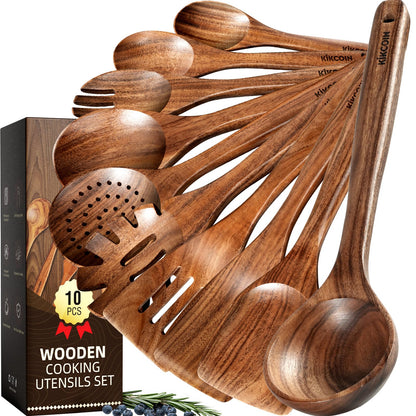 Kikcoin 10 PCS Durable Natural Teak Wooden Cooking Utensil Set, Non Toxic Wooden Spoons for Cooking, Wooden Utensil Set for Cooking with Comfort Grip, Nonstick & Easy to Clean Wood Kitchen Utensil Set