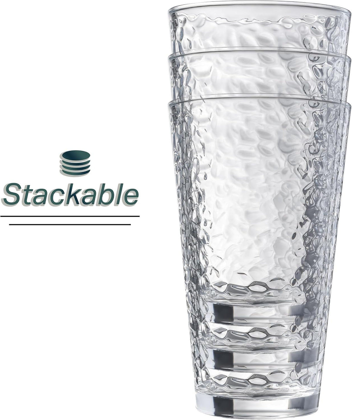 Le'raze Set of 10 Hammered Glass Cups, Clear Heavy Base Drinking Glasses