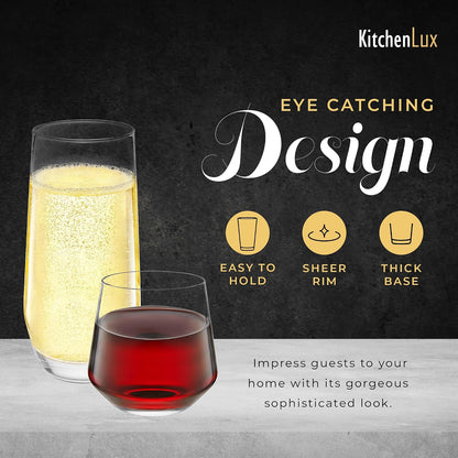 Kitchen Lux Drinking Glasses Set of 8 - Highball Tumbler & Rocks Drinkware