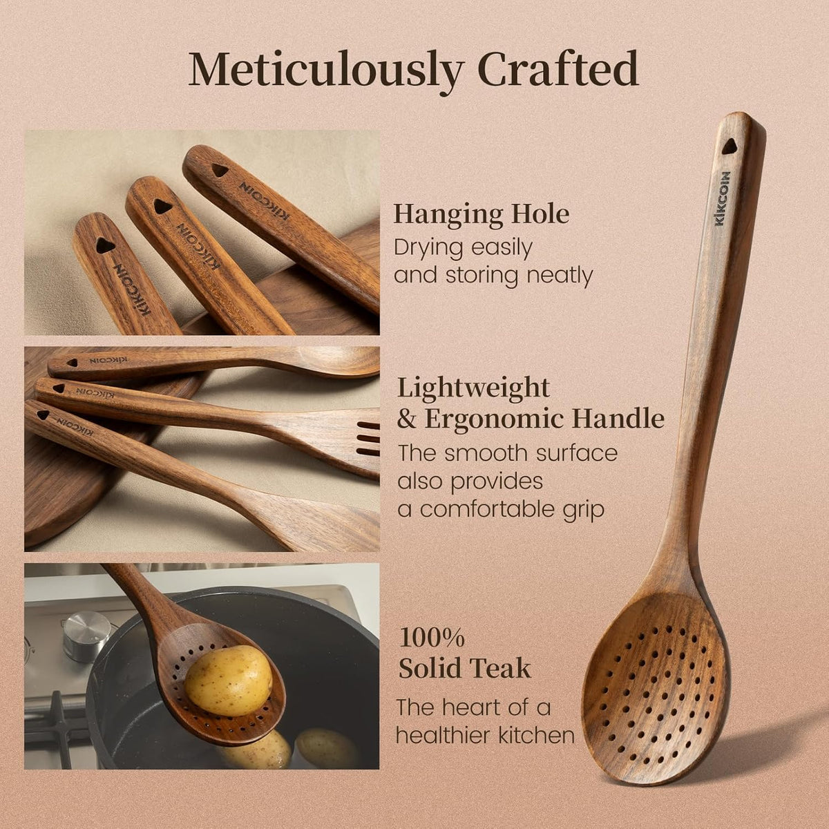 Kikcoin 10 PCS Durable Natural Teak Wooden Cooking Utensil Set, Non Toxic Wooden Spoons for Cooking, Wooden Utensil Set for Cooking with Comfort Grip, Nonstick & Easy to Clean Wood Kitchen Utensil Set