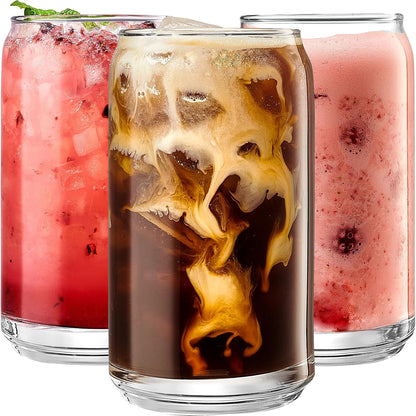 Le'raze Set of 6 Patented Can Shaped® Drinking Glasses - 16oz Clear Goblet Glass Cups for Margarita, Cocktails, Iced Coffee, Tea, Soda, Whiskey, Water and Beer