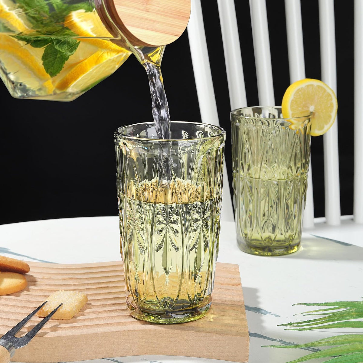 Joeyan Green Vintage Drinking Glasses,Embossed Highball Water Glass Tumbler