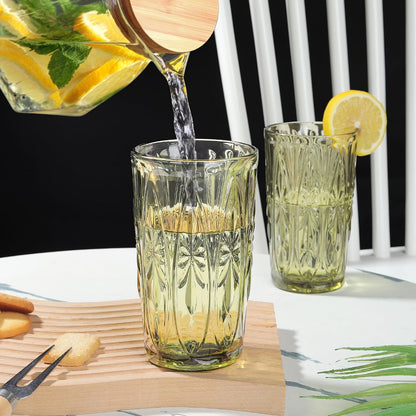 Joeyan Green Vintage Drinking Glasses,Embossed Highball Water Glass Tumbler
