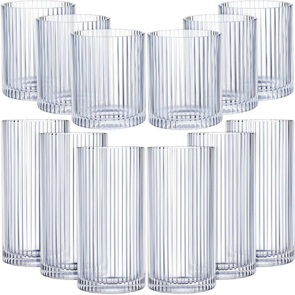 Zhehao 12 Pcs Ribbed Drinking Glasses Clear Vintage Cups Set, 9 oz 12 oz