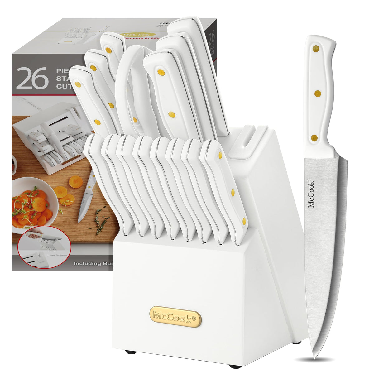 McCook Kitchen Knife Set 15PC Knife Block Set w Built-in Sharpener