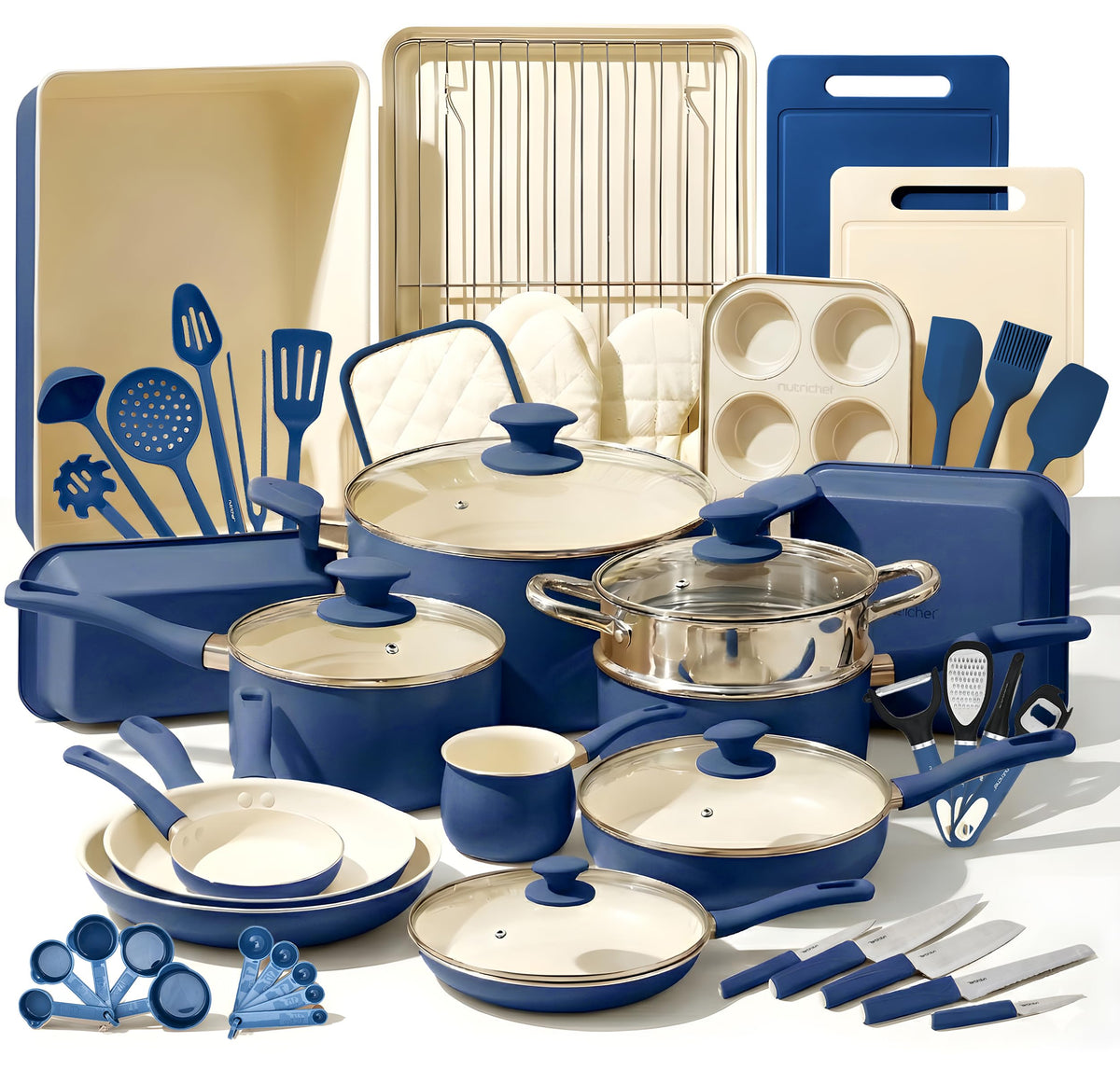 NutriChef 54-Piece Kitchen Cookware Set – Complete Non-Stick Ceramic Pots and Pans Set with Utensils, Bakeware, and Knife Set, Gas, Electric & Induction Compatible, Blush Pink Kitchen Essentials