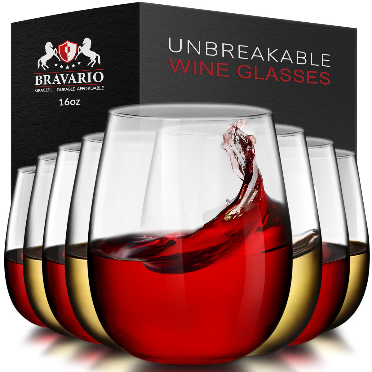Bravario Unbreakable Stemless Plastic Wine Glasses | Reusable | Shatterproof 100% Tritan Plastic | Dishwasher-Safe | BPA-free | Awesome for Indoor & Outdoor | 16 oz, Set of 4