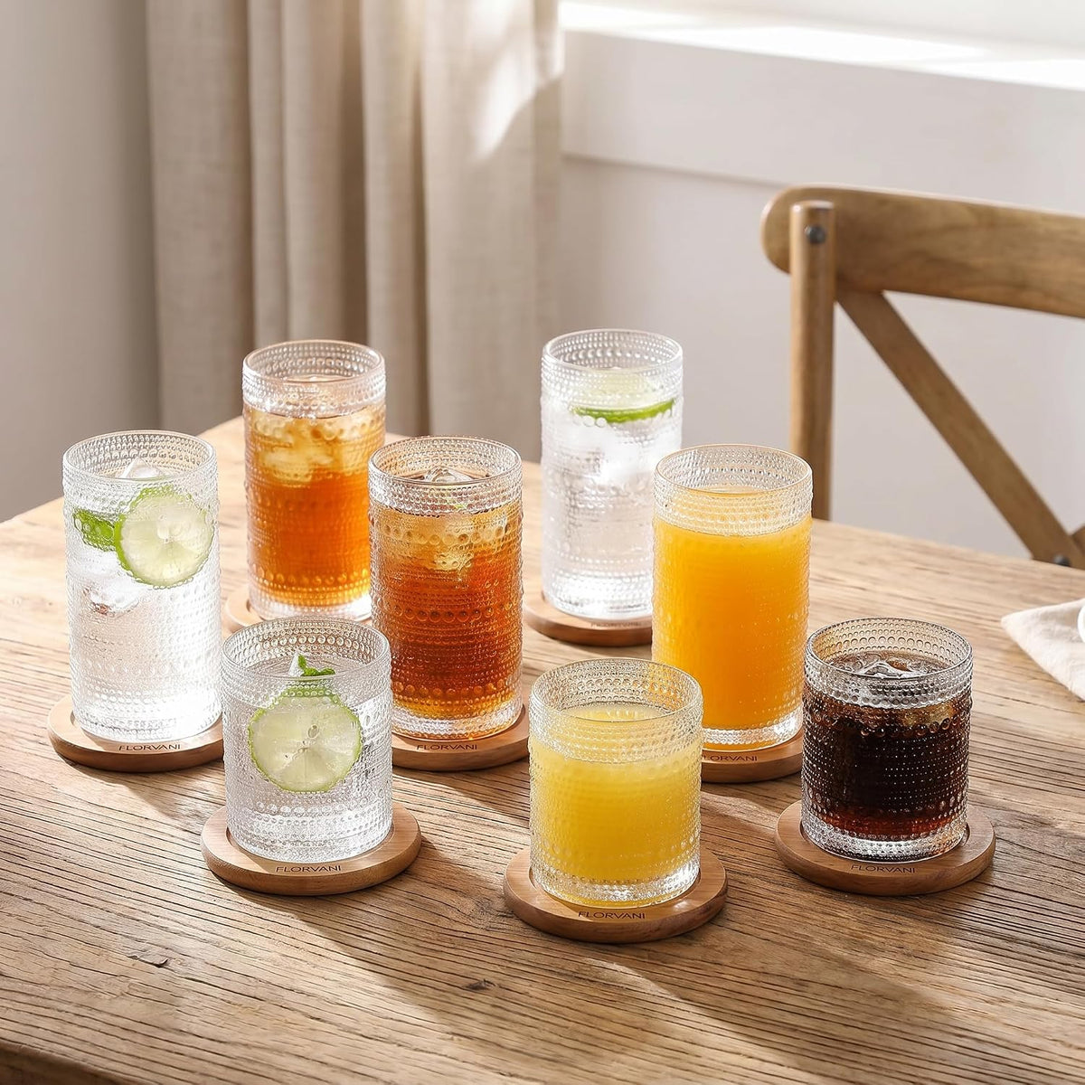Vintage Hobnail Drinking Glasses Set of 8, 12 oz & 16 oz Highball Glasses, Clear Embossed Tumbler Cups, Kitchen & Bar Drinkware for Cocktail, Iced Coffee, Beer, Whiskey, Juice and Water