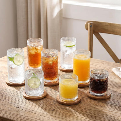 Vintage Hobnail Drinking Glasses Set of 8, 12 oz & 16 oz Highball Glasses, Clear Embossed Tumbler Cups, Kitchen & Bar Drinkware for Cocktail, Iced Coffee, Beer, Whiskey, Juice and Water