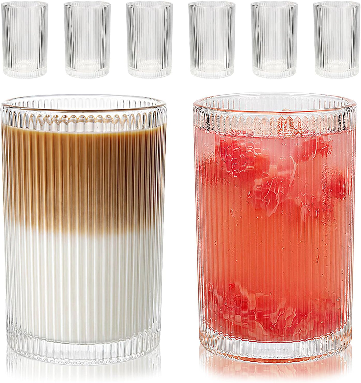 Set of 6 Large capacity Ribbed Glassware, 17oz Vintage Clear Glass Tumbler, Origami Style, Fluted Design, Ideal for Water, Iced Coffee, Mixed Drinkware, Tea, Latte, Housewarming Gift