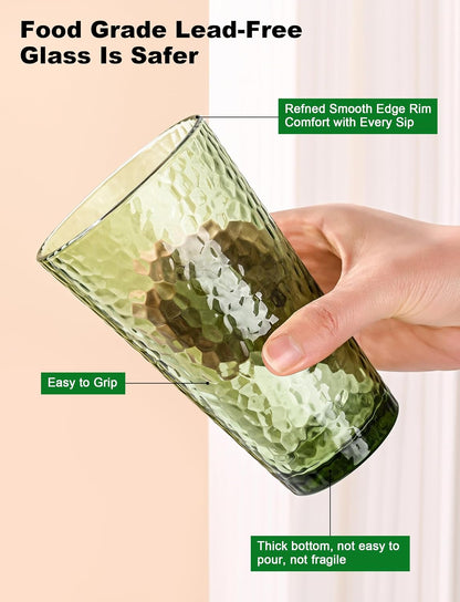 Amyoole Drinking Glasses Set of 8, 16oz Green Highball Water Glasses