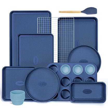 HONGBAKE 9-Piece Baking Pans Set Nonstick, Stackable Non Toxic Bakeware Sets with Diamond Texture, Oven Pan Set for Cooking, Includes Cookie Sheet with Rack, Cake Pan, Roasting Pan, Muffin Tin, Gold