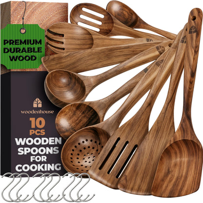 Wooden Utensil Set, 8 Pcs Teak Wooden Spoons for Cooking with Holder
