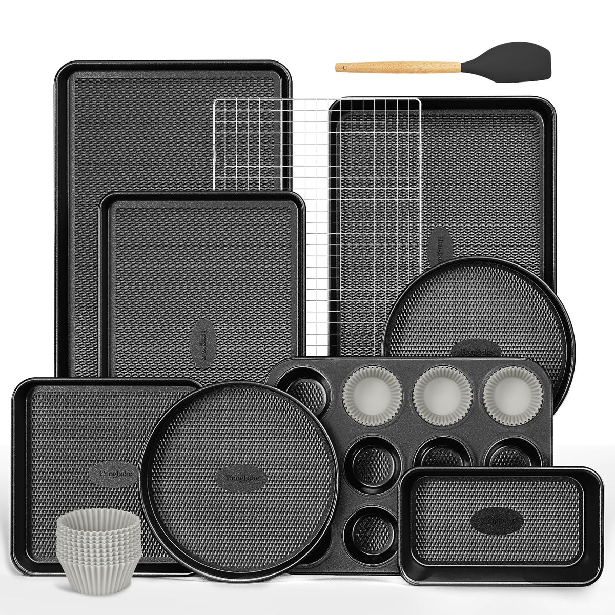 HONGBAKE 9-Piece Baking Pans Set Nonstick, Stackable Non Toxic Bakeware Sets with Diamond Texture, Oven Pan Set for Cooking, Includes Cookie Sheet with Rack, Cake Pan, Roasting Pan, Muffin Tin, Gold
