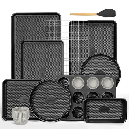 HONGBAKE 9-Piece Baking Pans Set Nonstick, Stackable Non Toxic Bakeware Sets with Diamond Texture, Oven Pan Set for Cooking, Includes Cookie Sheet with Rack, Cake Pan, Roasting Pan, Muffin Tin, Gold
