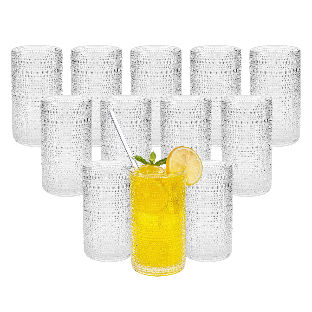 Vintage Hobnail Drinking Glasses Set of 6, 16 oz Large Capacity Embossed Clear Tumblers, Highball Glasses for Water, Cocktail, Beer, Whiskey, Kitchen & Bar Use