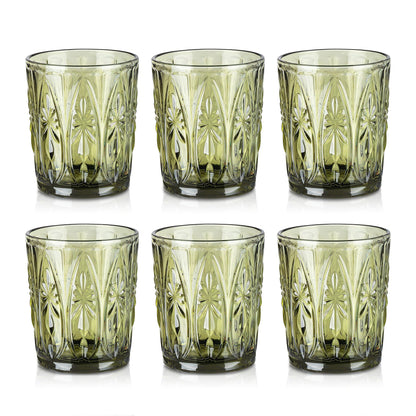Joeyan Green Vintage Drinking Glasses,Embossed Highball Water Glass Tumbler